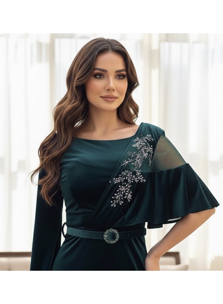 FULL JOY Maxi Velvet Dress Embroidered with sequins and Beads, with open Sleeves of varying lengths and shapes, and a Crystal-Studded Belt. - Image 2